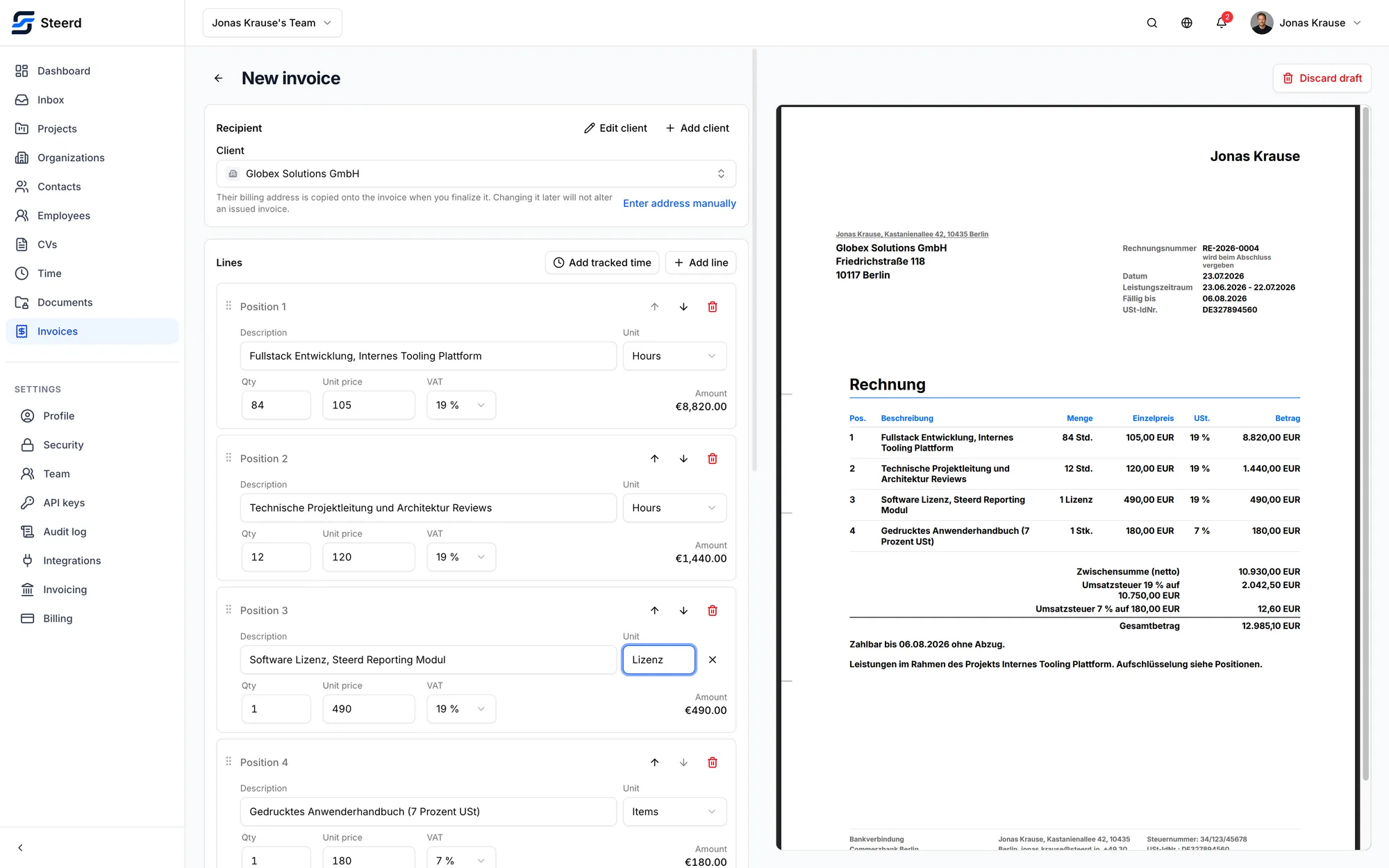 The Steerd invoice editor with a live PDF preview of the finished German invoice