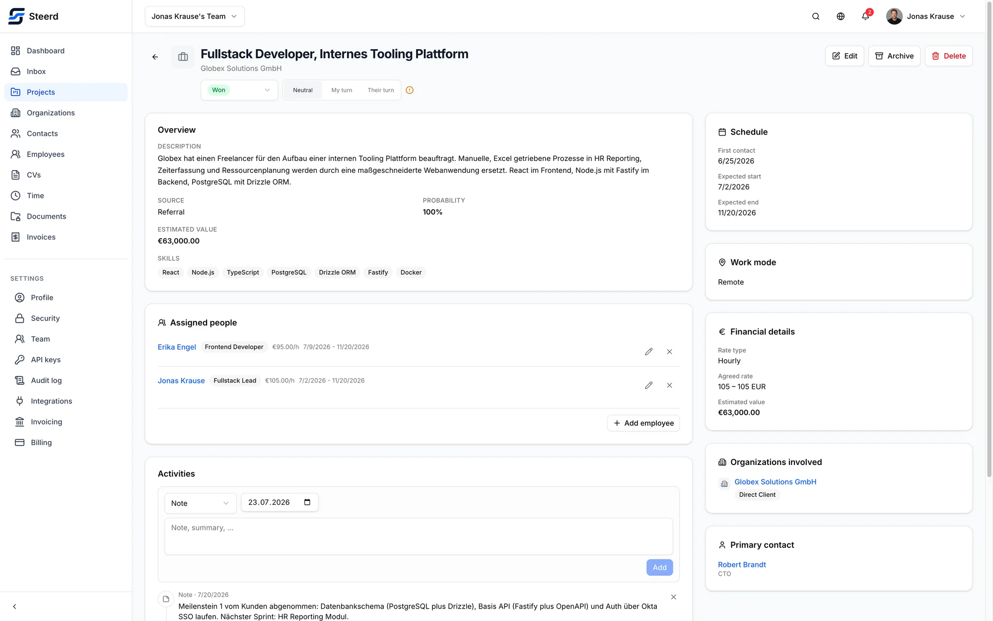 A Steerd project with the people assigned to it, their roles and bill rates