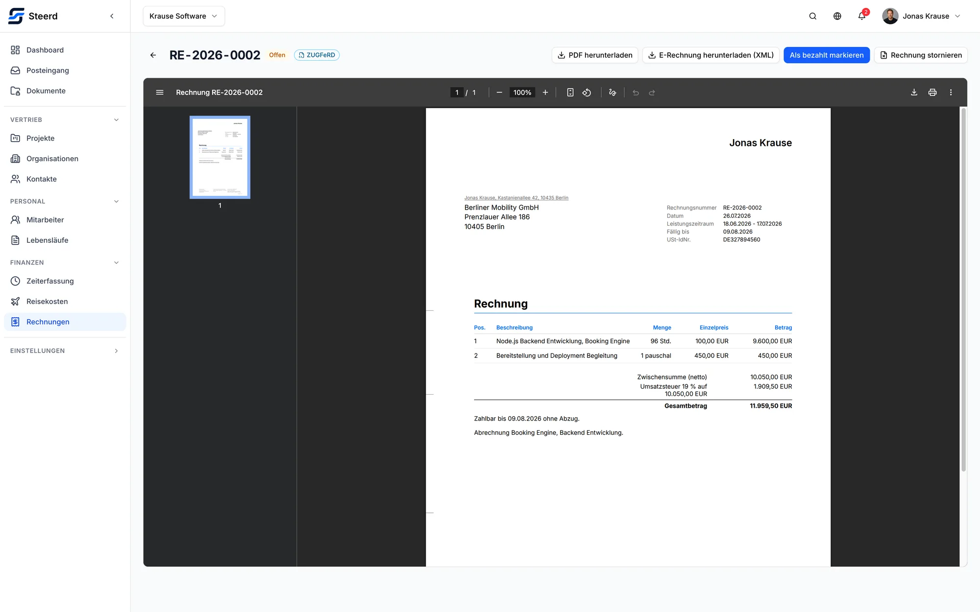 Eine gestellte Rechnung in Steerd mit dem Status Offen und der Kennzeichnung ZUGFeRD, darüber Schaltflächen zum Herunterladen als PDF oder als E-Rechnung im XML-Format, darunter die Rechnung selbst