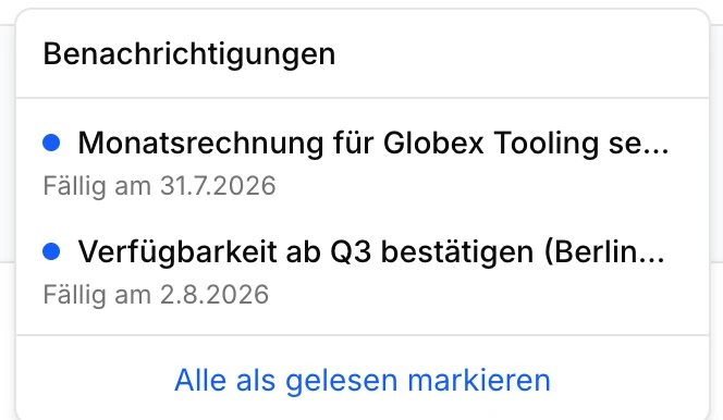 Ein Benachrichtigungsfenster in Steerd mit zwei Erinnerungen: eine Monatsrechnung, die raus muss, und eine Verfügbarkeit, die noch zu bestätigen ist