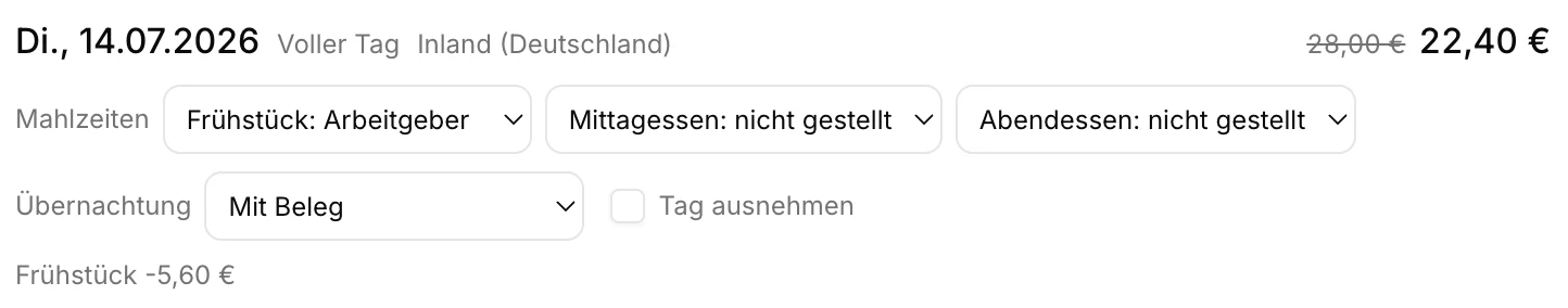 Ein Reisetag in Steerd: die volle Verpflegungspauschale durchgestrichen und auf 22,40 Euro gekürzt, weil das Hotel Frühstück gestellt hat