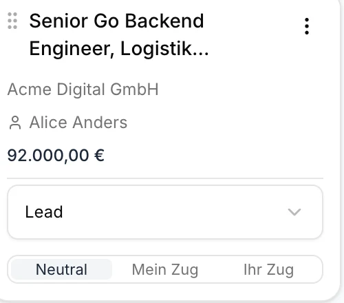 Eine Karte auf dem Board von Steerd: eine Anfrage mit Kunde, Ansprechpartner, 92.000 Euro Auftragswert und der Spalte, in der sie steht