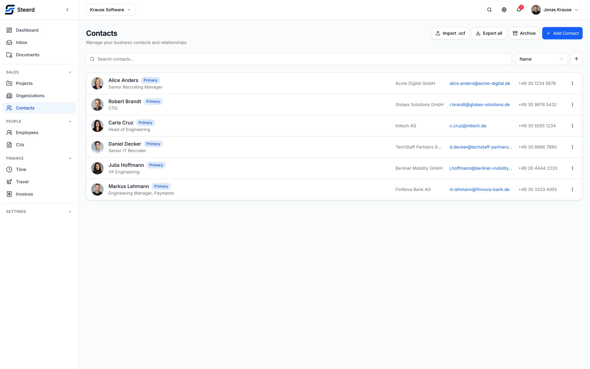 A Steerd contact list of clients and recruiters, each with a photo, a job title, the company they work for, an email address and a phone number