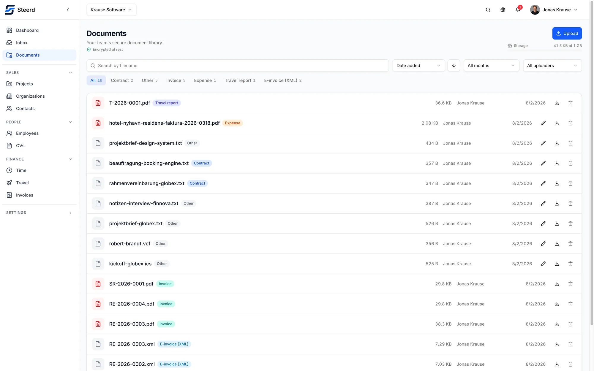 The Steerd document vault: encrypted files filed as contract, invoice, receipt, travel report or e-invoice XML, each with its size, who uploaded it and when