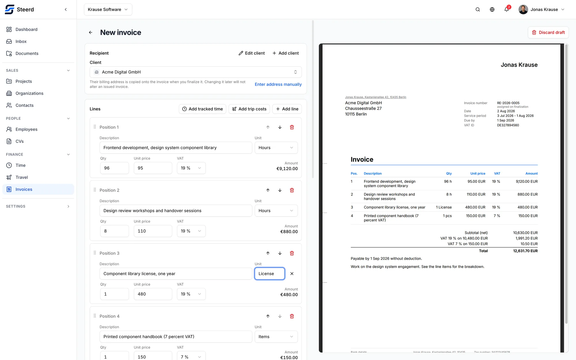 The Steerd invoice editor: numbered line items with quantity, unit price and VAT rate on the left, a live PDF preview of the finished invoice on the right