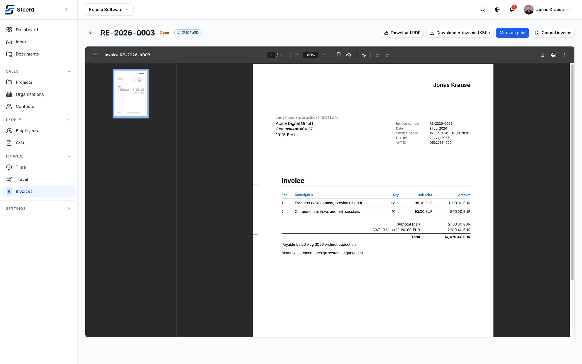 A finalized Steerd invoice marked Open, carrying a ZUGFeRD chip, with buttons to download the PDF or the e-invoice XML and the invoice itself rendered below