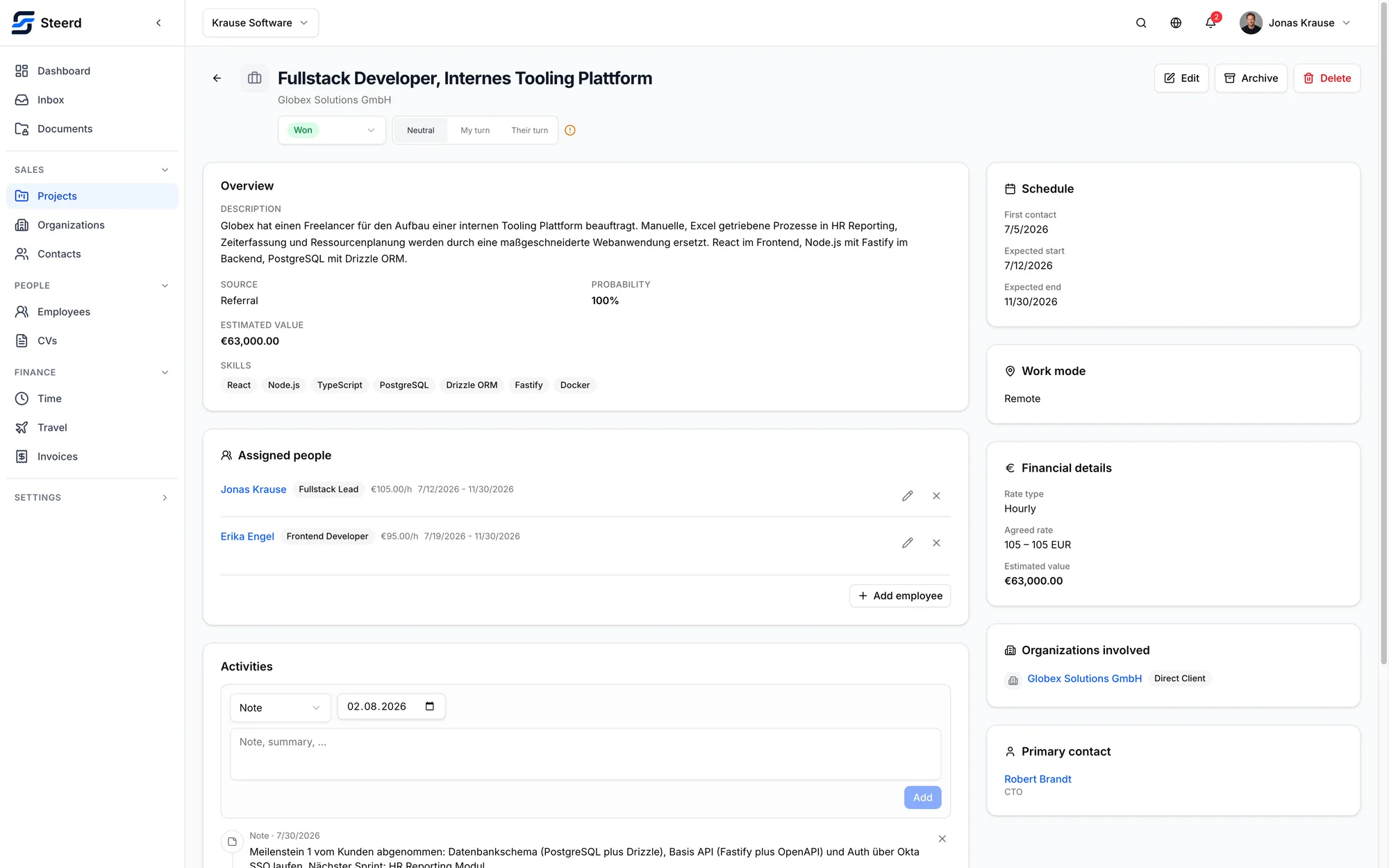 A won project in Steerd with its description, estimated value and skills, the two people assigned to it with their bill rates, and panels for the schedule, the work mode, the financials and the primary contact