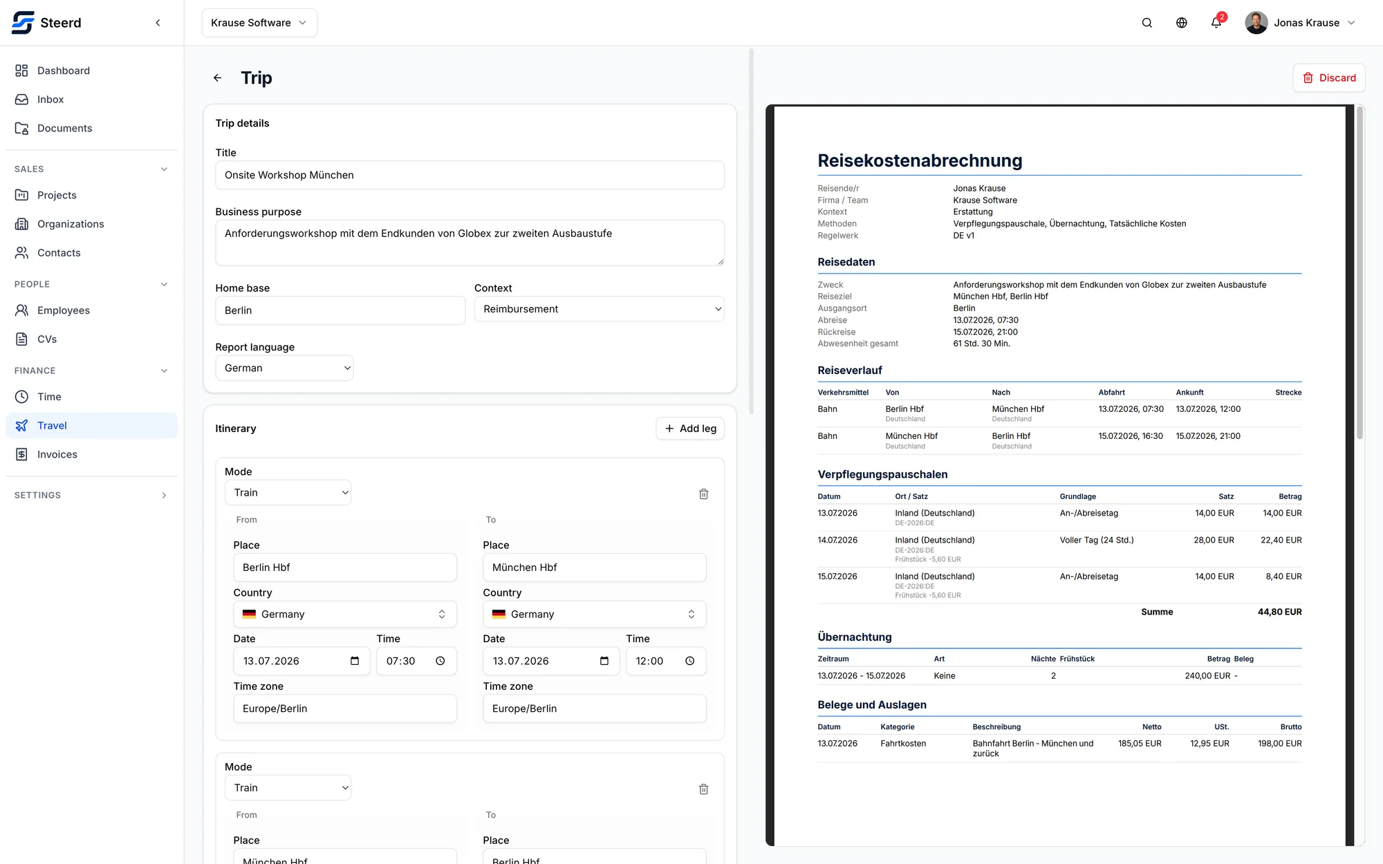 The Steerd travel expense editor: the trip details and the itinerary on the left, a live preview of the German expense report with its per diems, overnight stays and receipts on the right