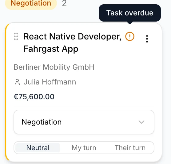 A card on the Steerd board with an amber warning icon and a tooltip reading Task overdue