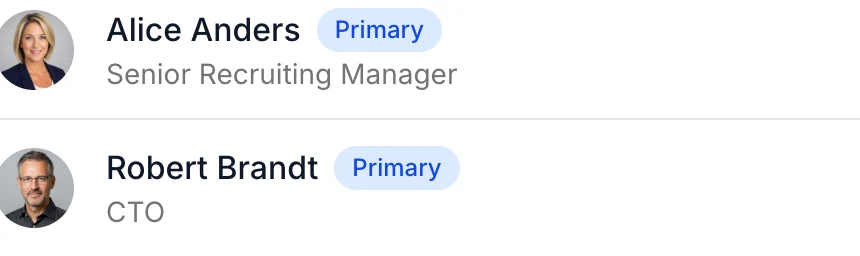 Two Steerd contacts, each with a photo, a name, a job title and a primary contact badge