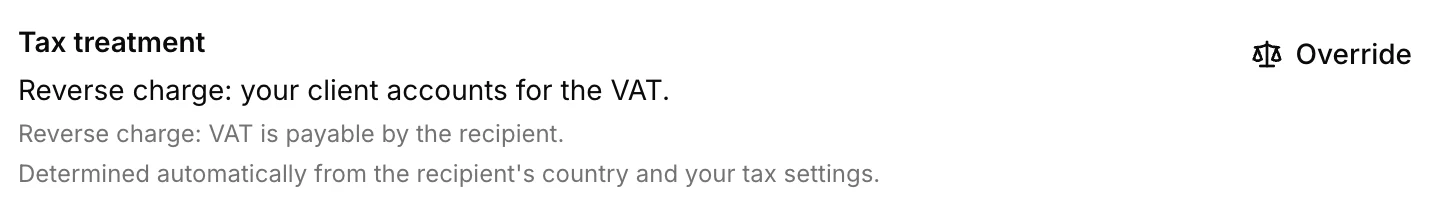 The tax verdict on a Steerd invoice: reverse charge, your client accounts for the VAT, derived from the client country rather than typed in