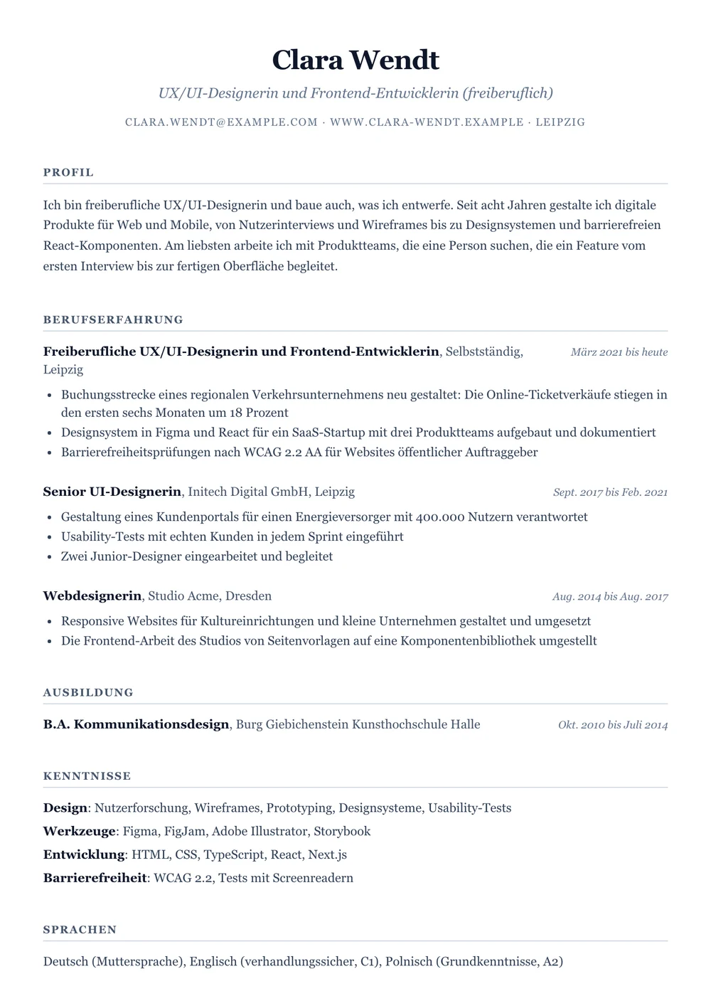 Derselbe Lebenslauf nach dem Import im klassischen Design: Name und Berufsbezeichnung zentriert, darunter Profil, Berufserfahrung mit Stichpunkten, Ausbildung und Kenntnisse.