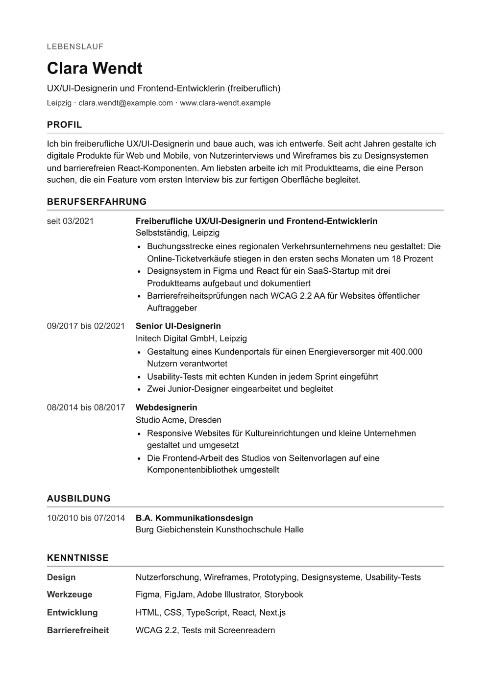 Der Beispiel-Lebenslauf als einseitiges PDF: schlichter Text in einer Schrift, die Zeiträume in einer Spalte links.