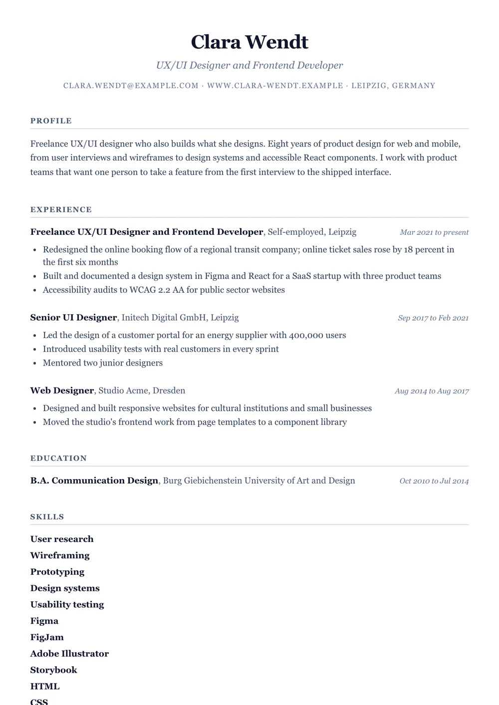 The same CV after the import, in the classic design: the name and headline centered, then the profile, the experience with its bullet points, the education and the skills.