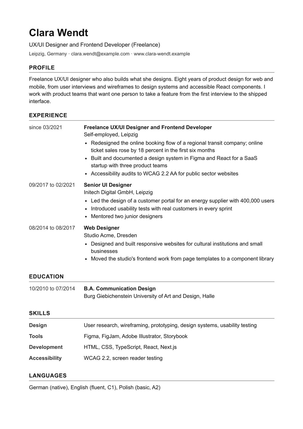 The sample CV as a one-page PDF: plain text in one font, with the dates in a column on the left.